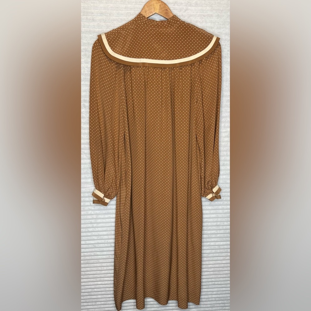 Vintage 70’s Ted Lapidus Paris Silk Maxi Dress Brown Beige Polka Dots Size 4 - Picture 3 of 15